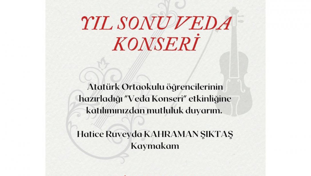  Valiliğimiz himayesinde #SanatSakarya kapsamında İlçemiz Atatürk Ortaokulu Öğretmen ve Öğrencilerinin Hazırlamış Olduğu Yıl Sonu Veda Konserine Katılımlarınızdan Ötürü Mutluluk Duyarız. 